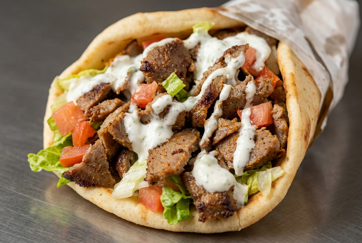 Lamb gyro wrap with white sauce and vegetables