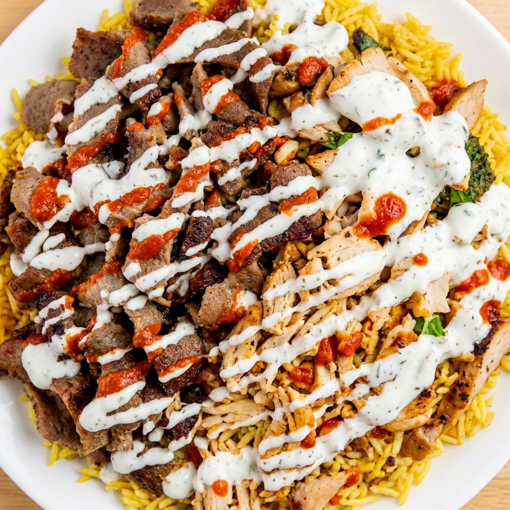 Mixed gyro over yellow rice with white and red sauce